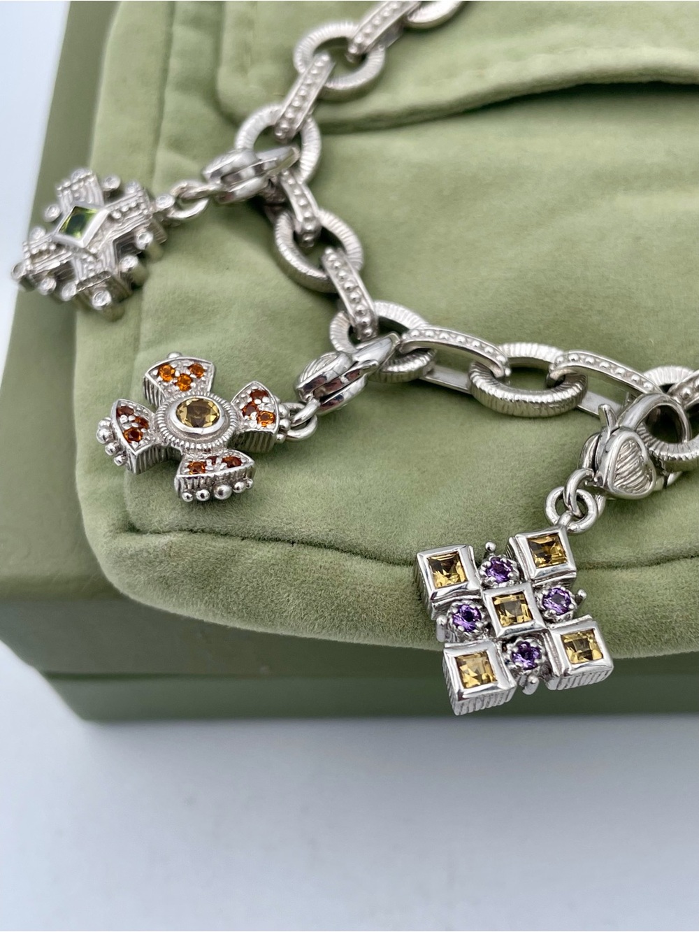 Judith Ripka Sterling Silver 925 Gemstone Maltese Cross Charm Bracelet Thailand - Picture 2 of 14